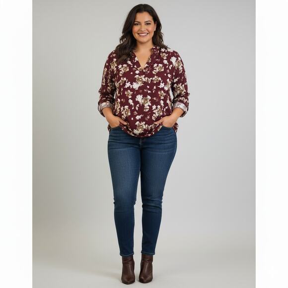 Marybelle Top Womens 2X Dark Floral Plus Size Popover Burgundy Boho Office Work - Picture 1 of 7